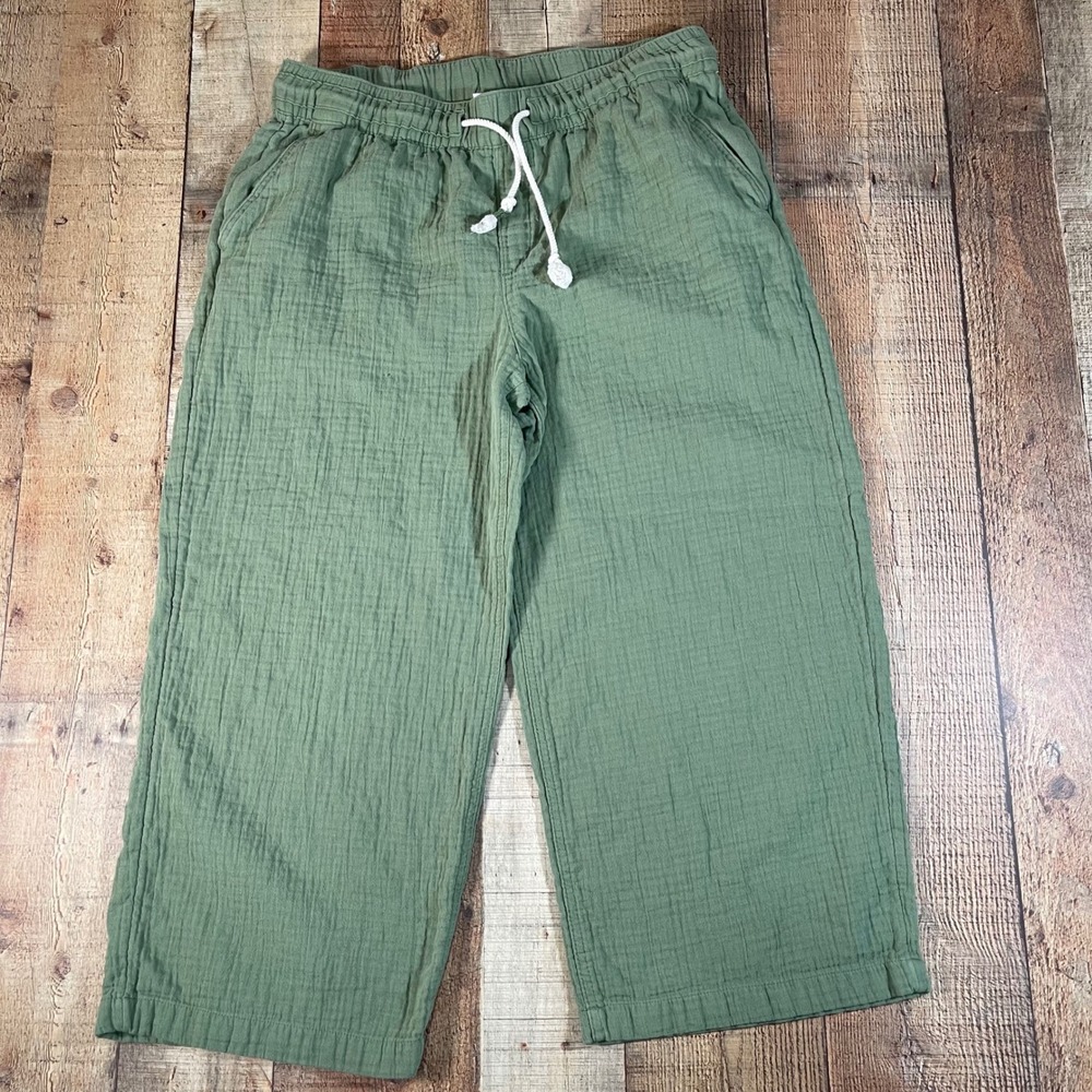 Old Navy Olive Green Cotton Gauze Wide Leg Crop Pants Elastic Waist Large